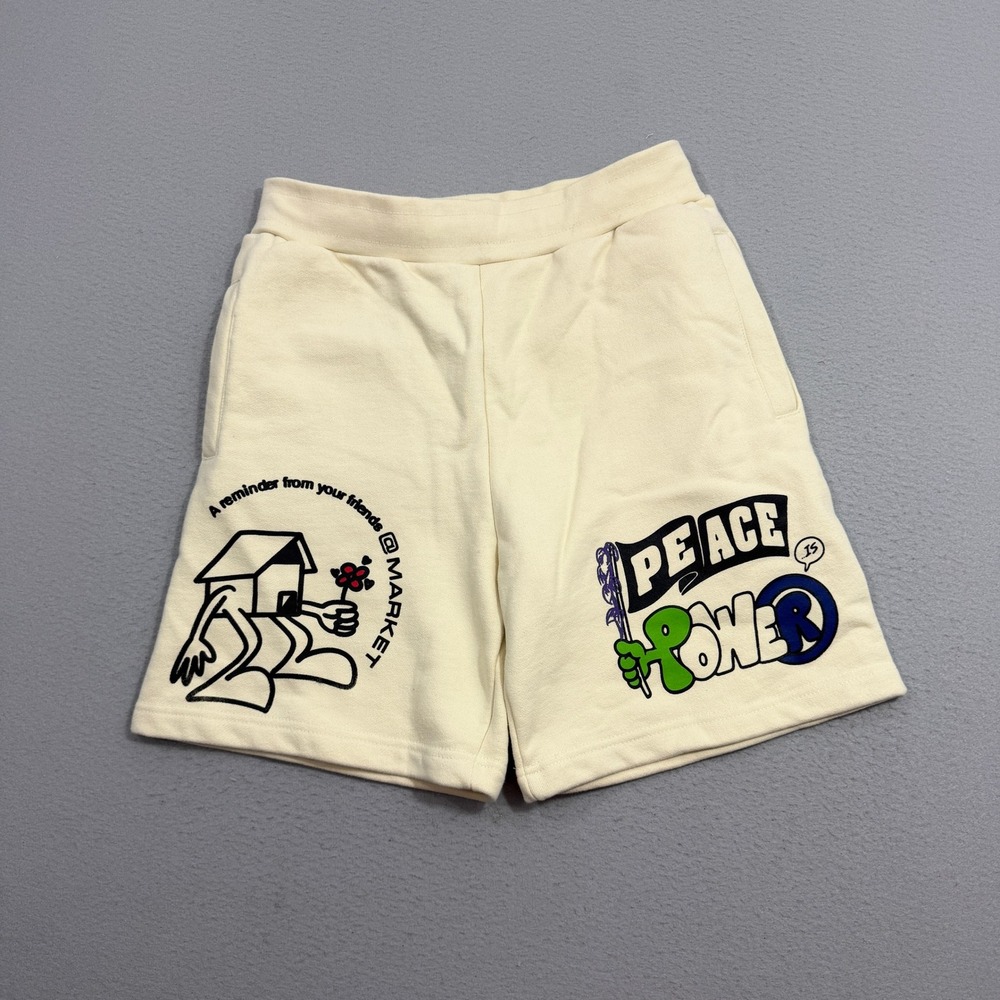 Market Sweat Shorts Mens Large Cream Peace Is Power Graphic Fleece Streetwear